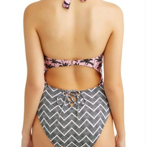 No Boundaries Halter One Piece Swimsuit pink black palm, tree print halter - Picture 2 of 2